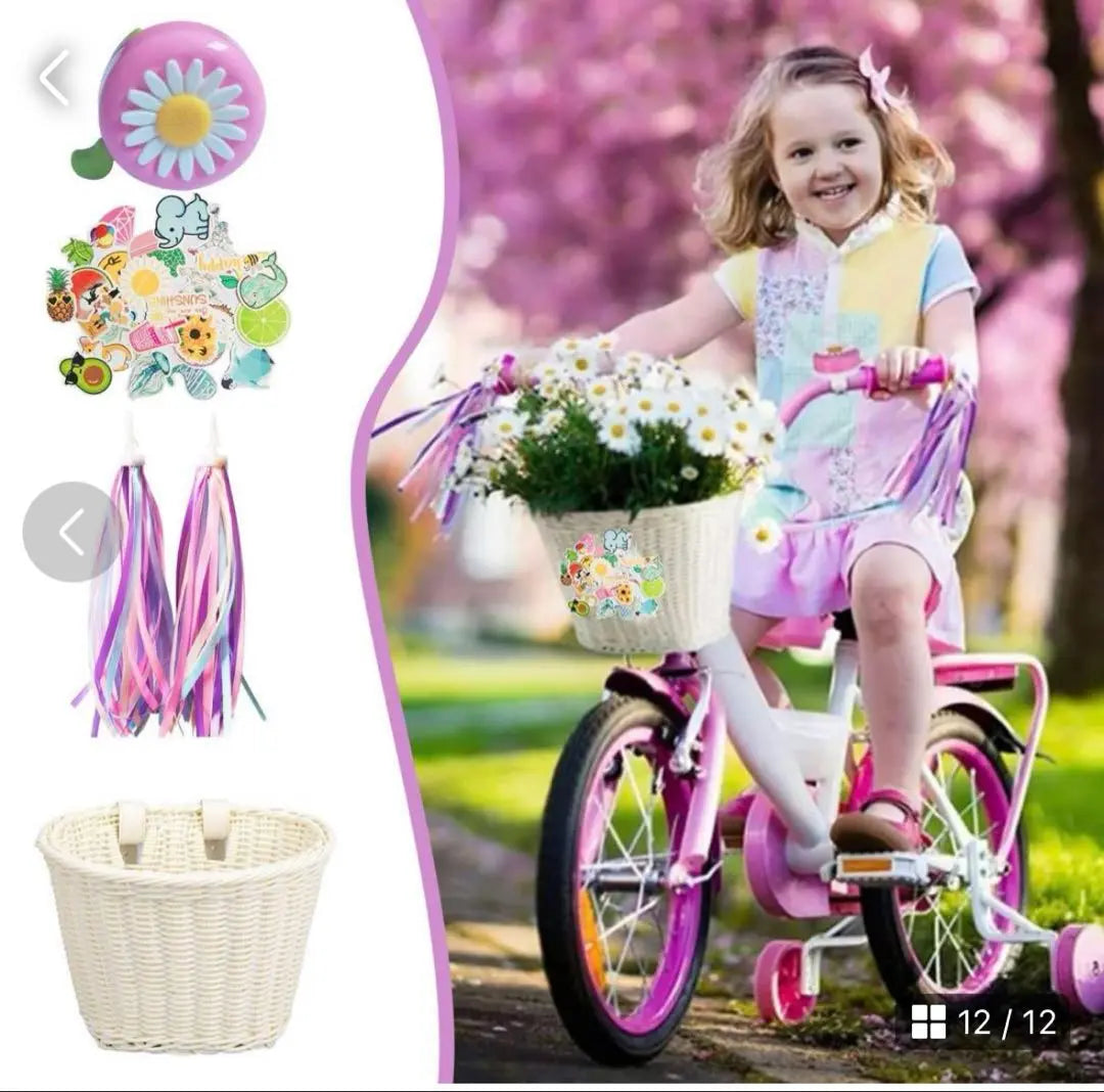 Hand knitting for children bicycles with rattan basket pink bell