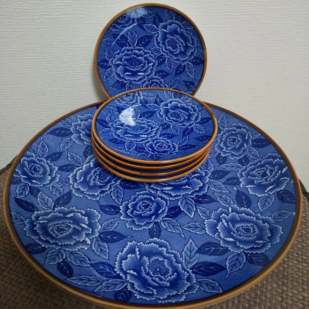 1 large plate and 5 small plates, 6-piece set, floral pattern, hors d'oeuvre plate, assorted blue plate