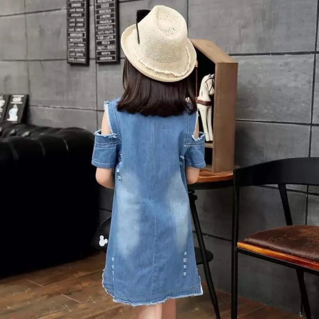 Vestido vaquero con hombros descubiertos para niños, bonito look azul claro para adultos 130