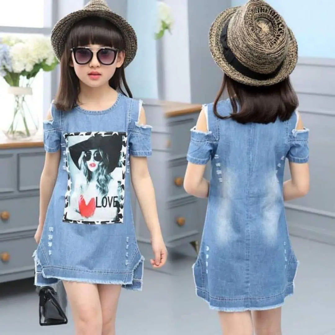 Vestido vaquero con hombros descubiertos para niños, bonito look azul claro para adultos 130