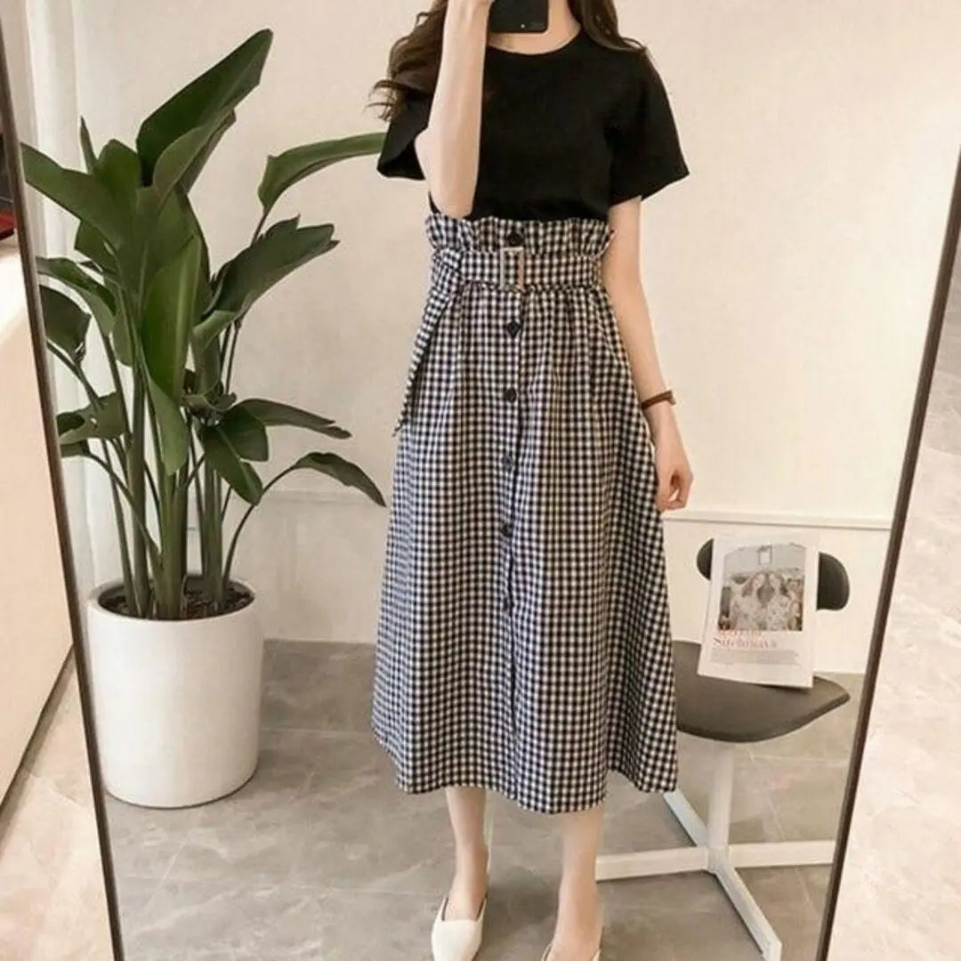 [F] Setup Gingham Check T-shirt Skirt Two-piece Mimore