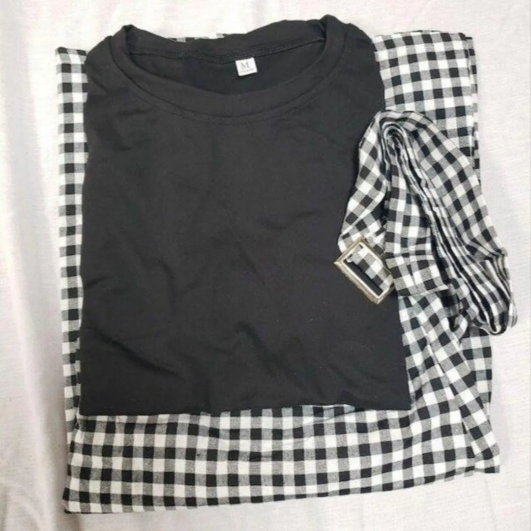 [F] Setup Gingham Check T-shirt Skirt Two-piece Mimore