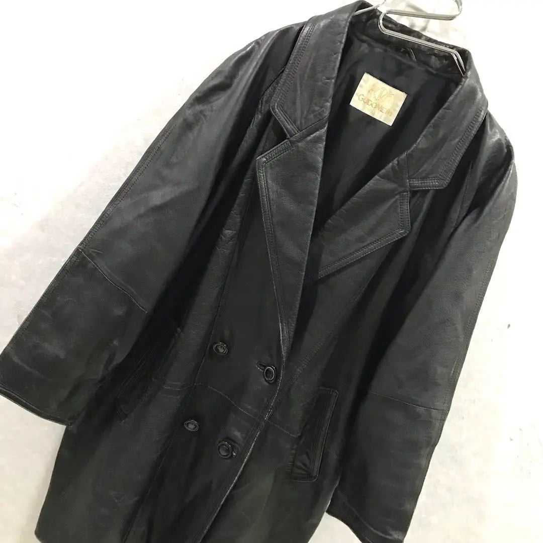 90s Double-breasted Genuine Leather Coat Black Free