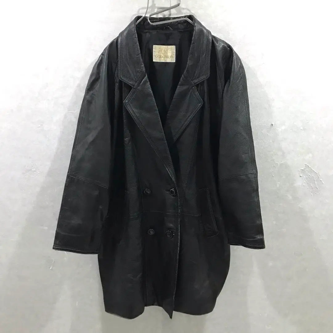 90s Double-breasted Genuine Leather Coat Black Free