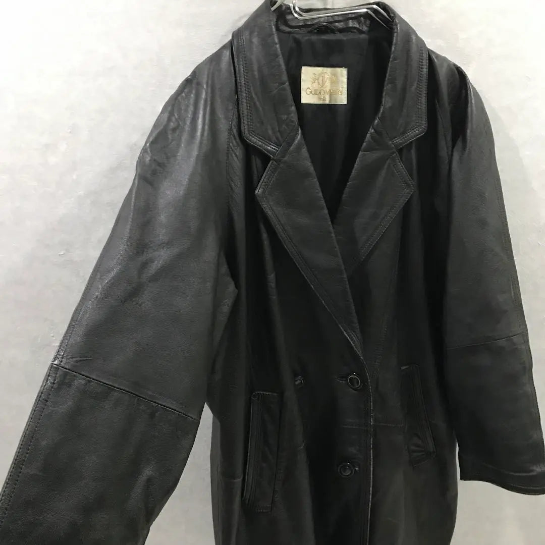 90s Double-breasted Genuine Leather Coat Black Free