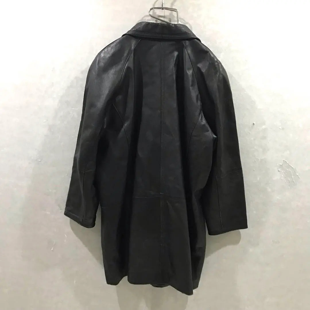 90s Double-breasted Genuine Leather Coat Black Free