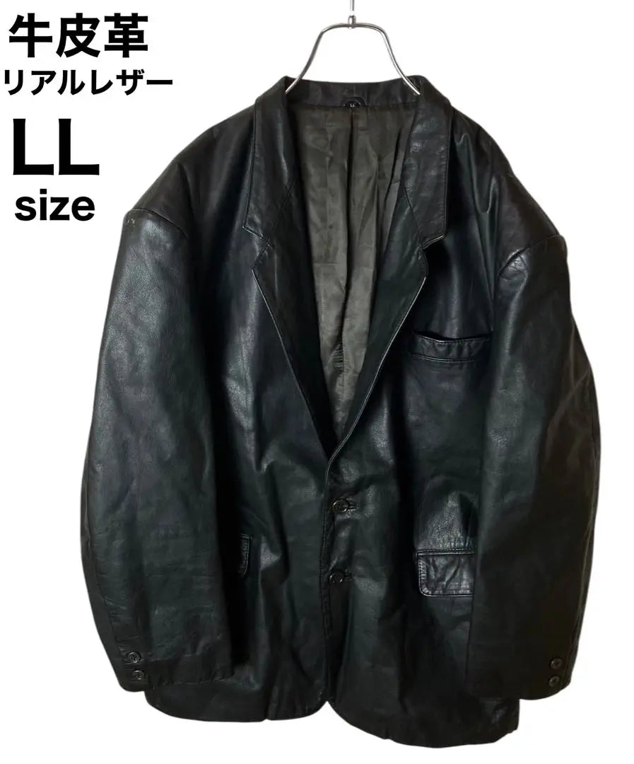 Retro vintage clothing, cowhide black leather tailored jacket, LL, loose size