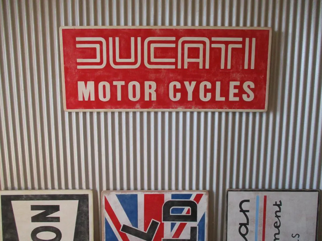 Letrero de madera vintage Examen DUCATI) Ducati Garage Custom ITALY70s | ビンテージ木製看板 DUCATI検） ドゥカティガレージカスタムITALY70s