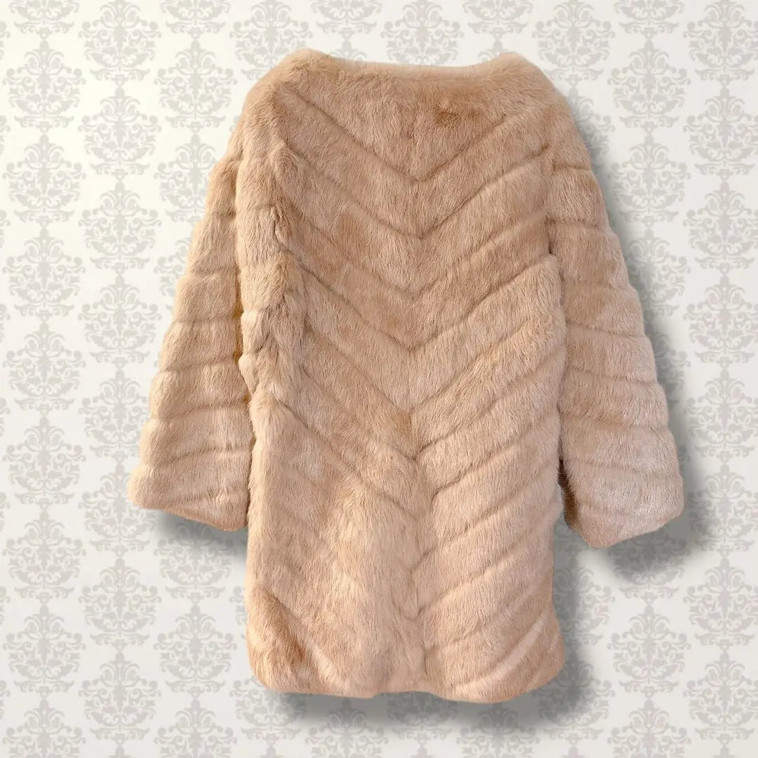 Goo Commune [38] Abrigo de piel de conejo sin cuello, beige, cálido, bonito | グーコミューン【38】ノーカラーラビットファーコート ベージュ系 あったか 綺麗