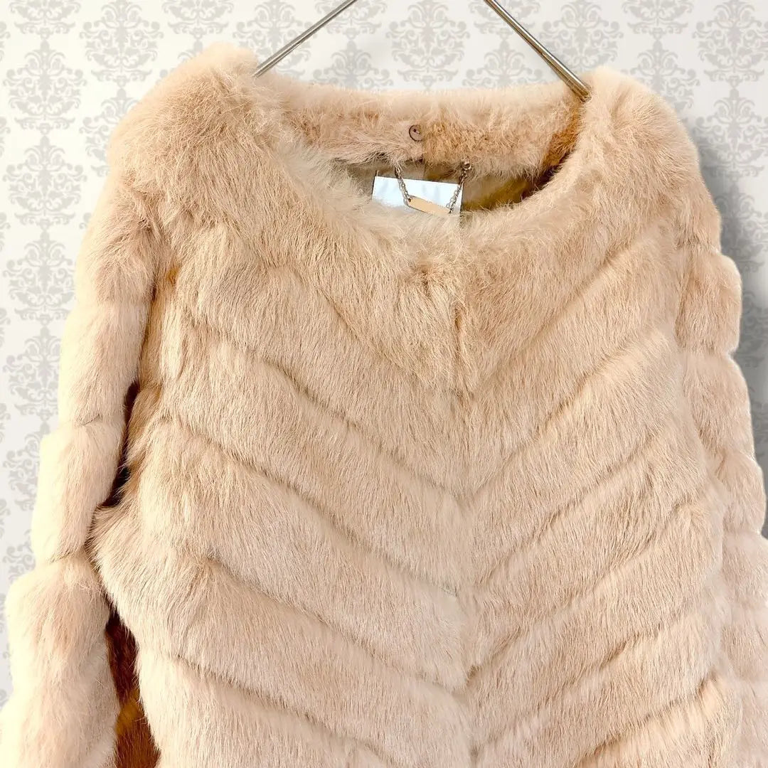 Goo Commune [38] Abrigo de piel de conejo sin cuello, beige, cálido, bonito | グーコミューン【38】ノーカラーラビットファーコート ベージュ系 あったか 綺麗