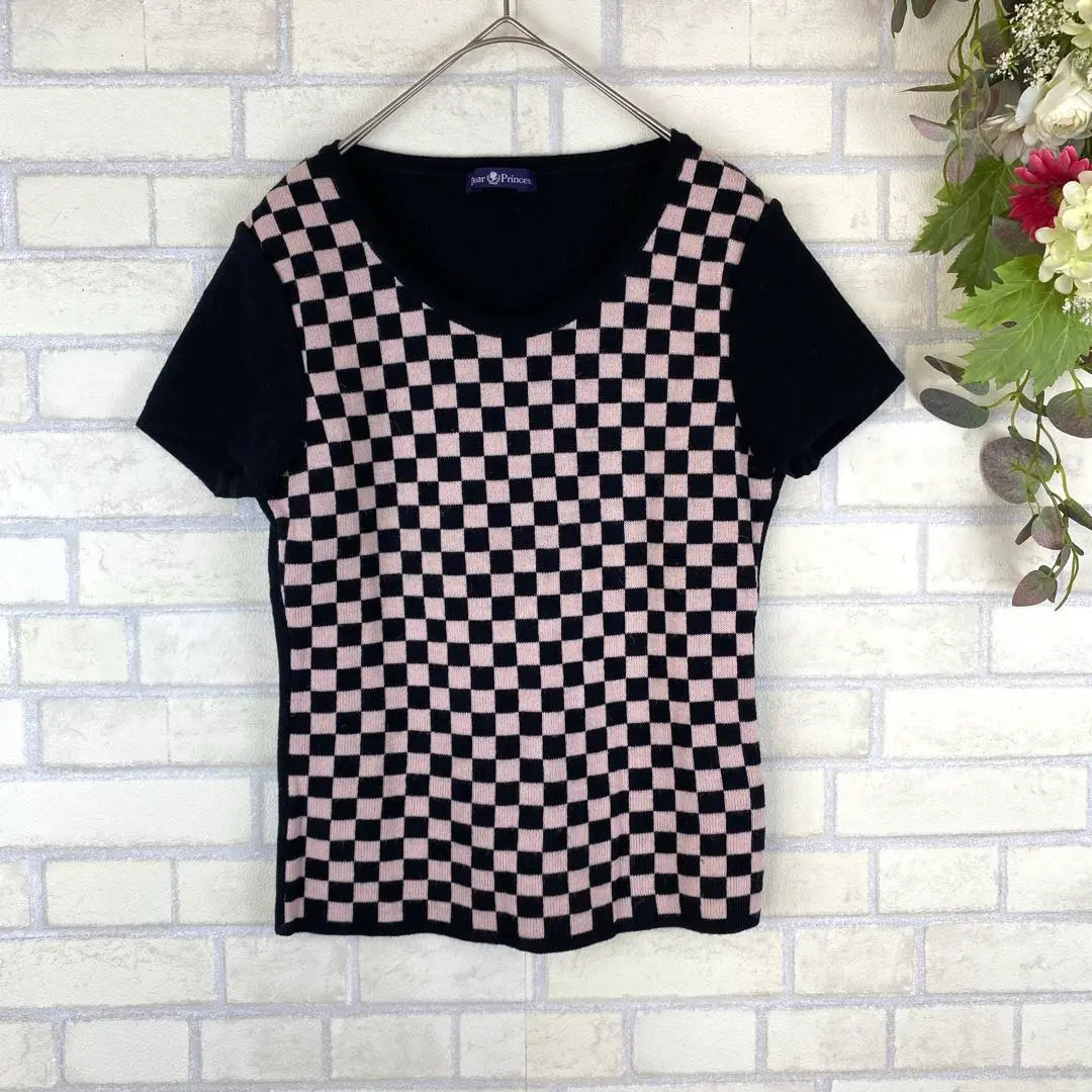 Dear Princess Lattice Pattern Angora Blend Short Sleeve Knit [S] Black x Pink