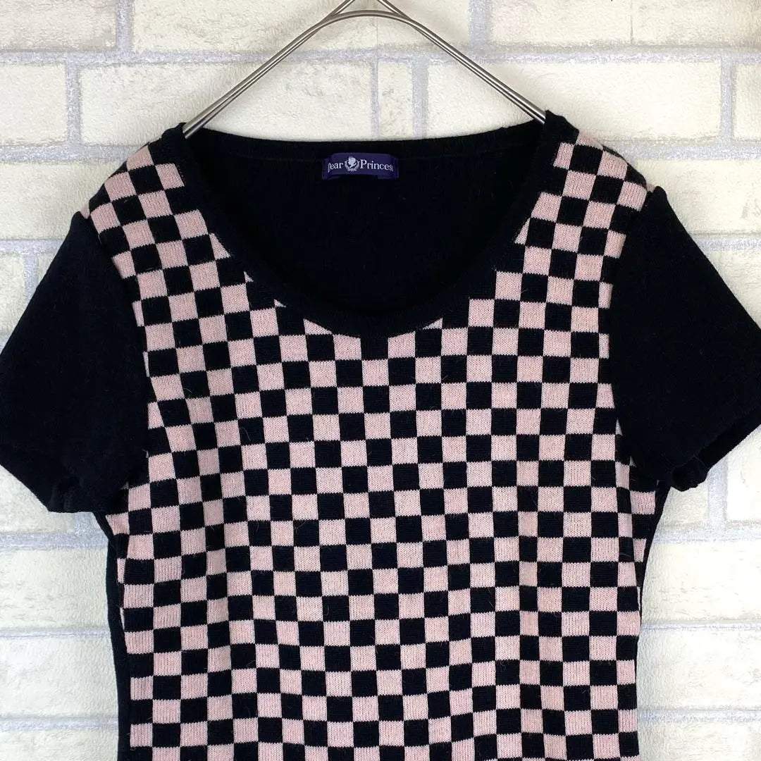 Dear Princess Lattice Pattern Angora Blend Short Sleeve Knit [S] Black x Pink