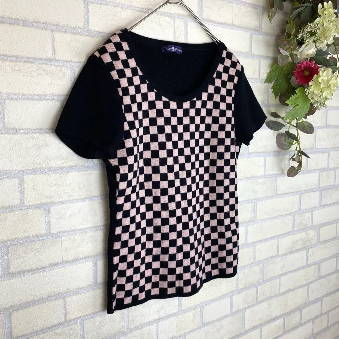 Dear Princess Lattice Pattern Angora Blend Short Sleeve Knit [S] Black x Pink