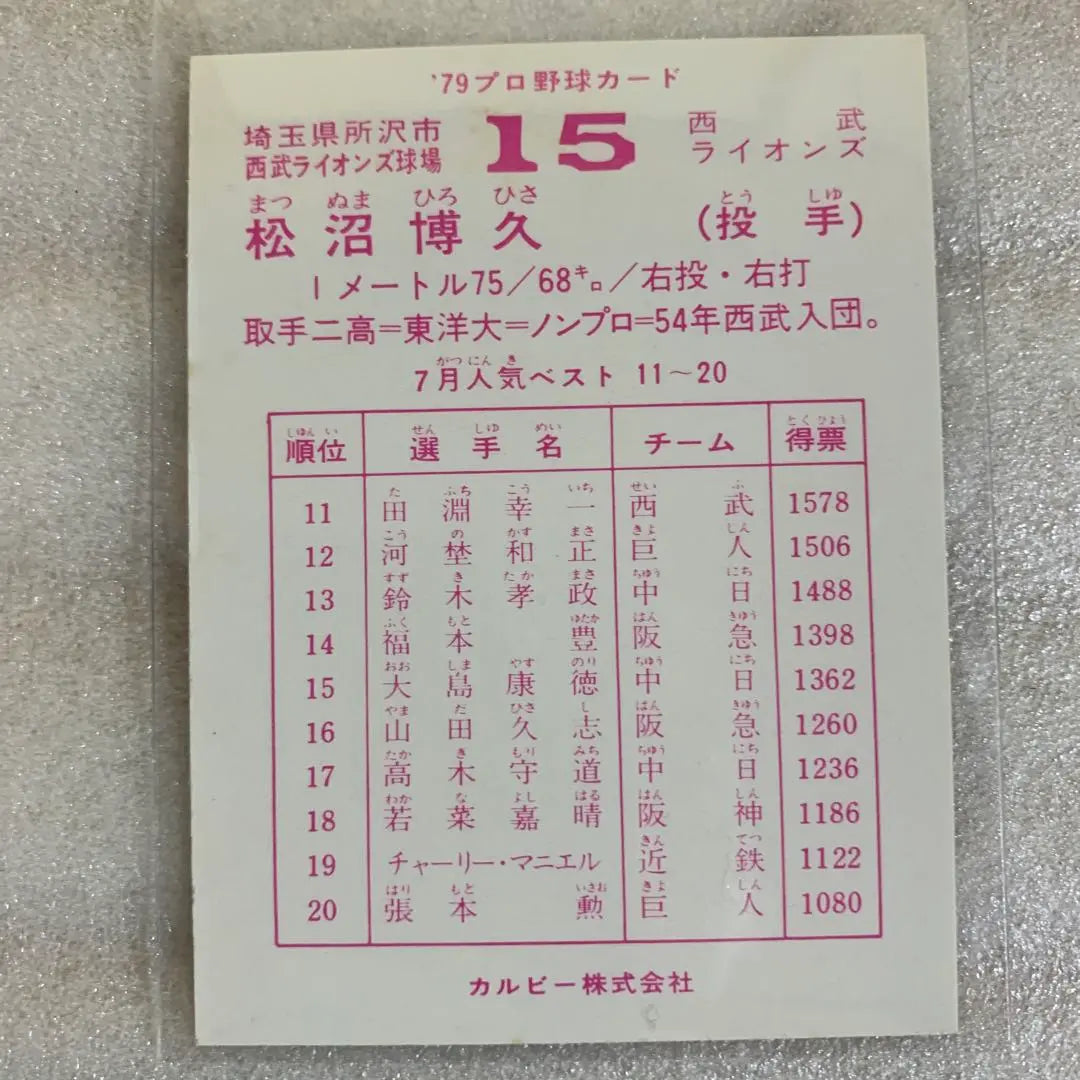 Tarjeta de béisbol profesional Calbee 1979 Seibu Lions Matsunuma Hirohisa