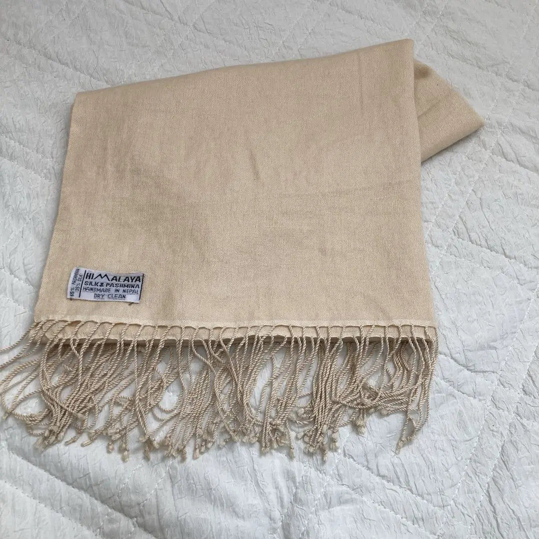 Pashmina 35%, 55% silk Large stole shawl, beige, handmade