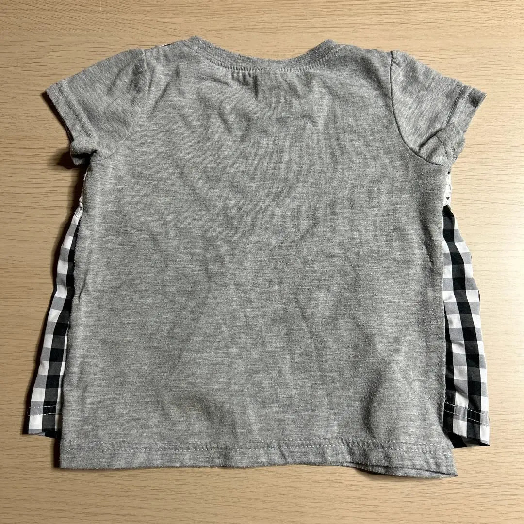 T-shirt, baby clothes size 90, flower, checkered pattern, gray, gray