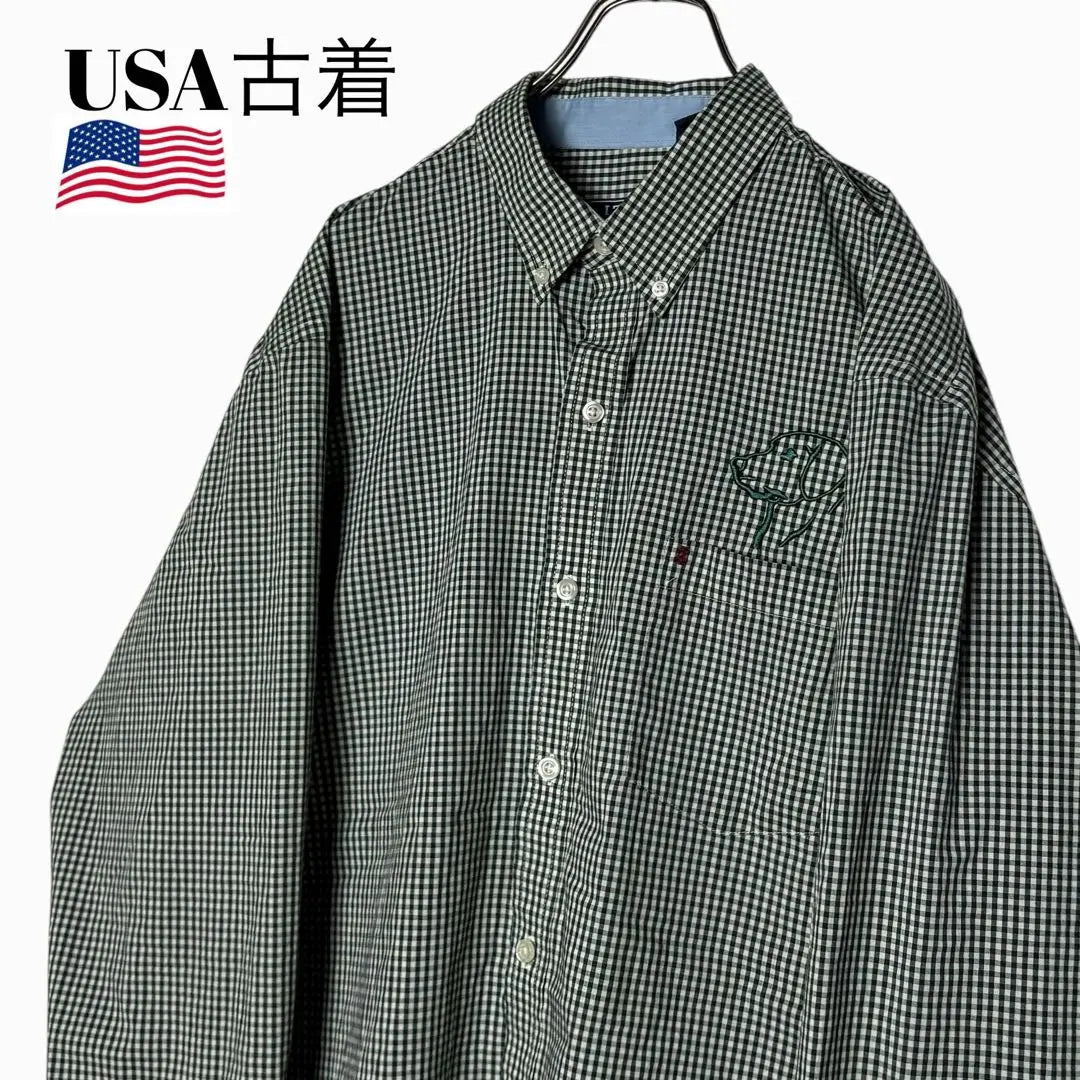 USA vintage clothing IZOD Gingham check shirt Green L Button-down embroidery