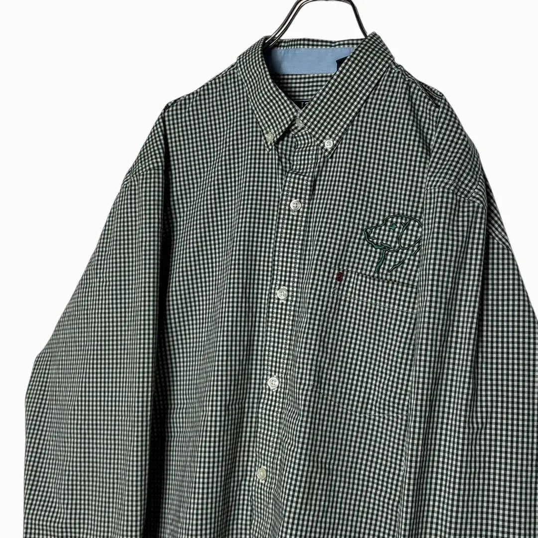 USA vintage clothing IZOD Gingham check shirt Green L Button-down embroidery