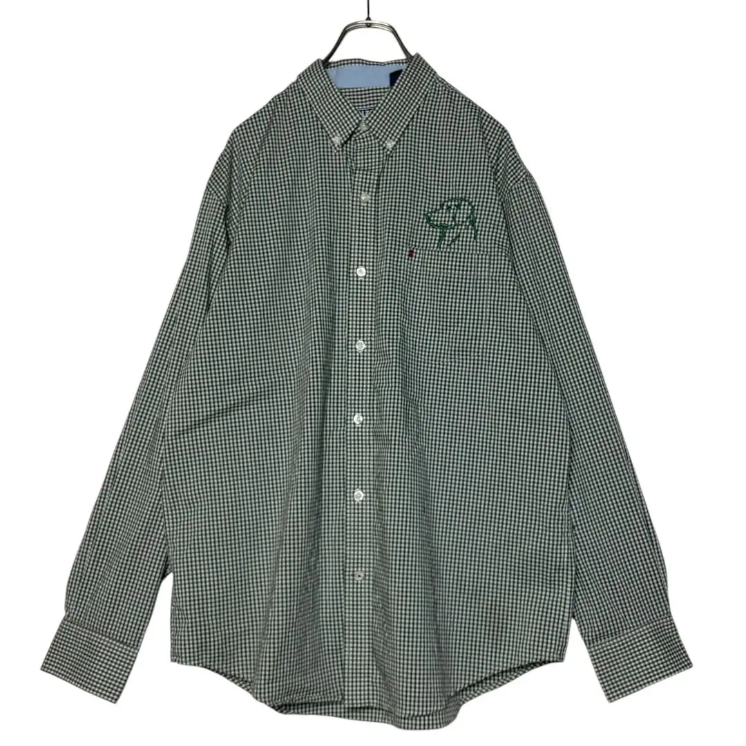 USA vintage clothing IZOD Gingham check shirt Green L Button-down embroidery