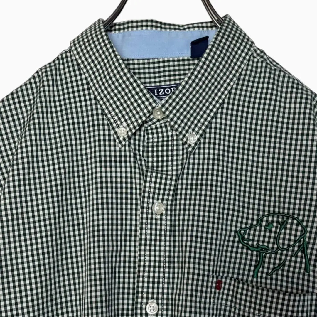 USA vintage clothing IZOD Gingham check shirt Green L Button-down embroidery