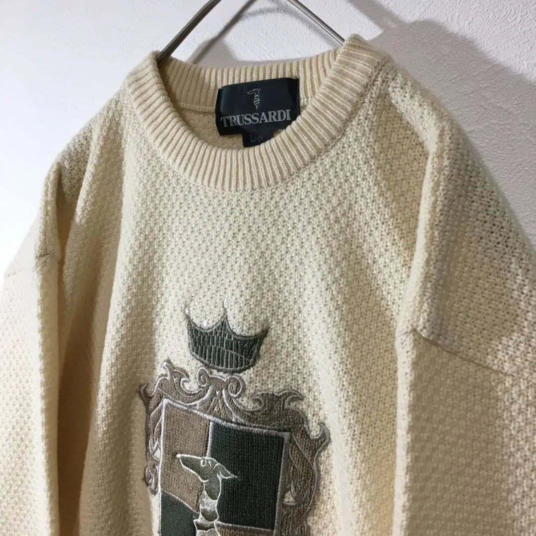 [Used clothing for unique style] Trusaldi Luxurious embroidered knit Ivory sweater Men's L | 【個性派古着】トラサルディ　豪華刺繍入りニット　アイボリーセーター　メンズＬ