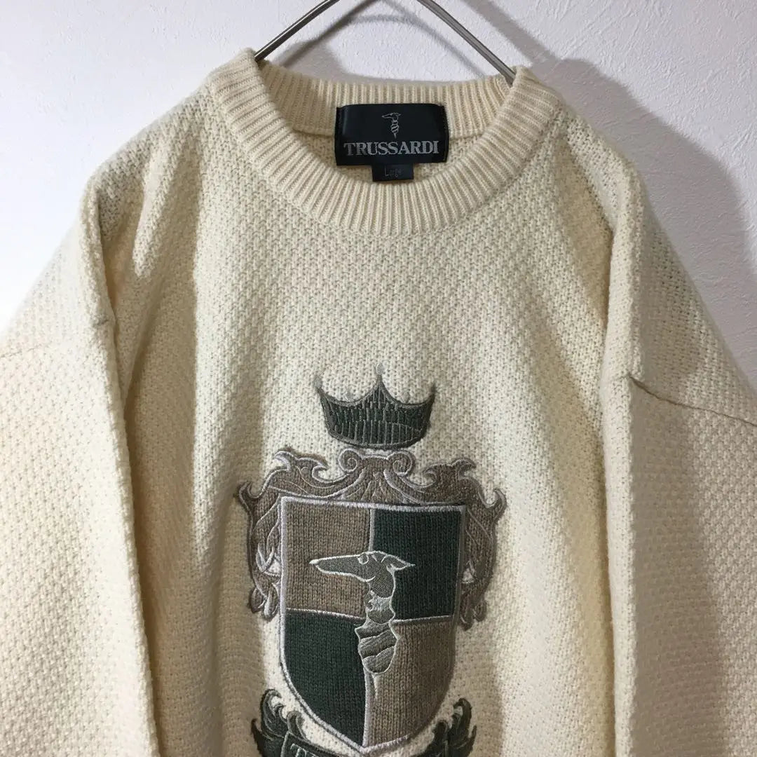 [Used clothing for unique style] Trusaldi Luxurious embroidered knit Ivory sweater Men's L | 【個性派古着】トラサルディ　豪華刺繍入りニット　アイボリーセーター　メンズＬ