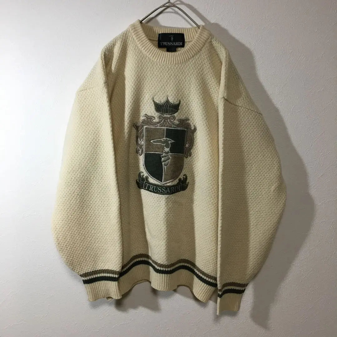 [Used clothing for unique style] Trusaldi Luxurious embroidered knit Ivory sweater Men's L | 【個性派古着】トラサルディ　豪華刺繍入りニット　アイボリーセーター　メンズＬ