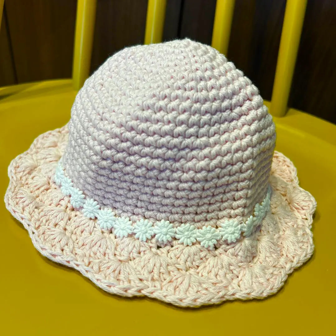 Crochet hat, ribbon, flower motif decoration, baby, handmade, pink