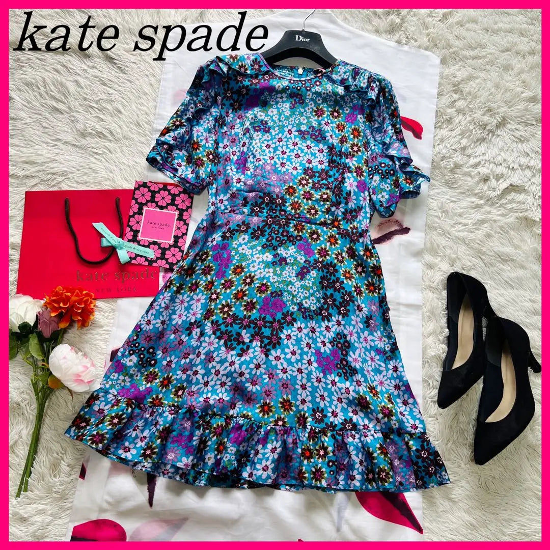 [Productos hermosos] Kate Spade Hasta la rodilla Una pieza Patrón azul Manga corta 0 | 【美品】kate spade 膝丈ワンピース ブルー 花柄 半袖 0