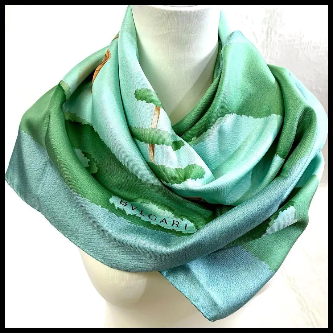 BVLGARI Bvlgari Tree Pattern Scarf 100% Silk Blue Green