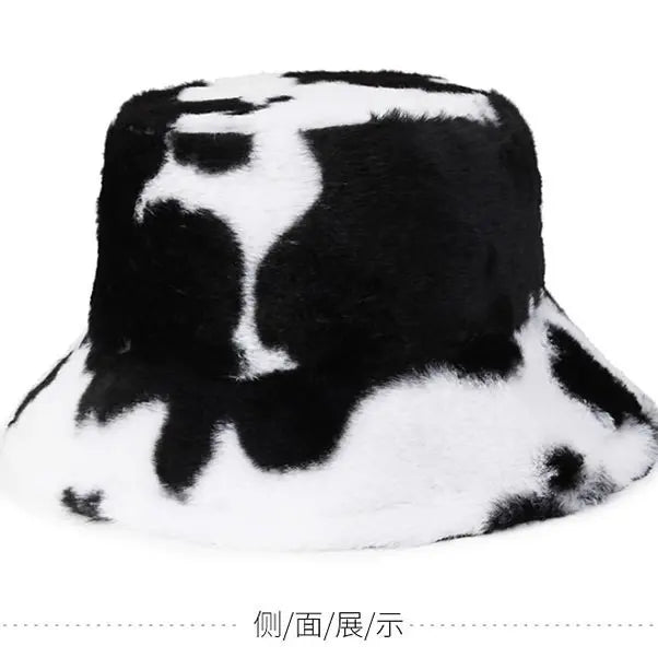 hat korean black cow pattern bucket hat cow autumn bucket hat winter