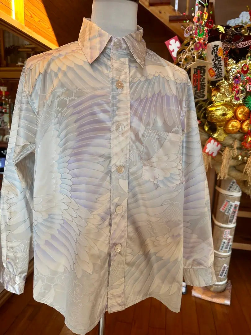 Crane pattern long sleeve shirt, handmade white, one-of-a-kind item for weddings and celebrations