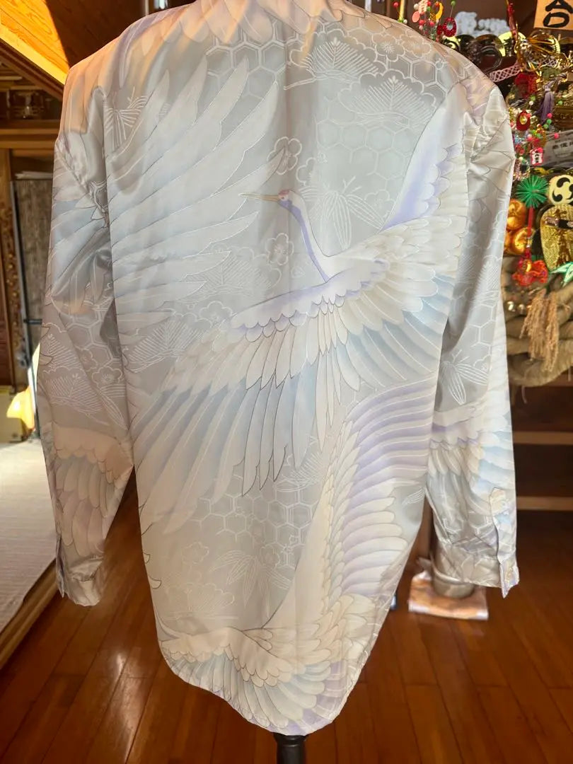 Crane pattern long sleeve shirt, handmade white, one-of-a-kind item for weddings and celebrations