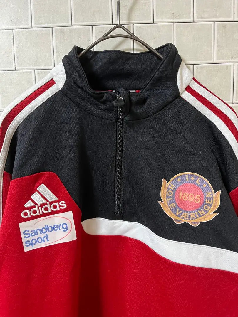 Adidas chaqueta deportiva con media cremallera y bordado, camiseta M roja para hombre | アディダス ハーフジップ刺繍トラックジャケット レッド メンズ M ジャージ