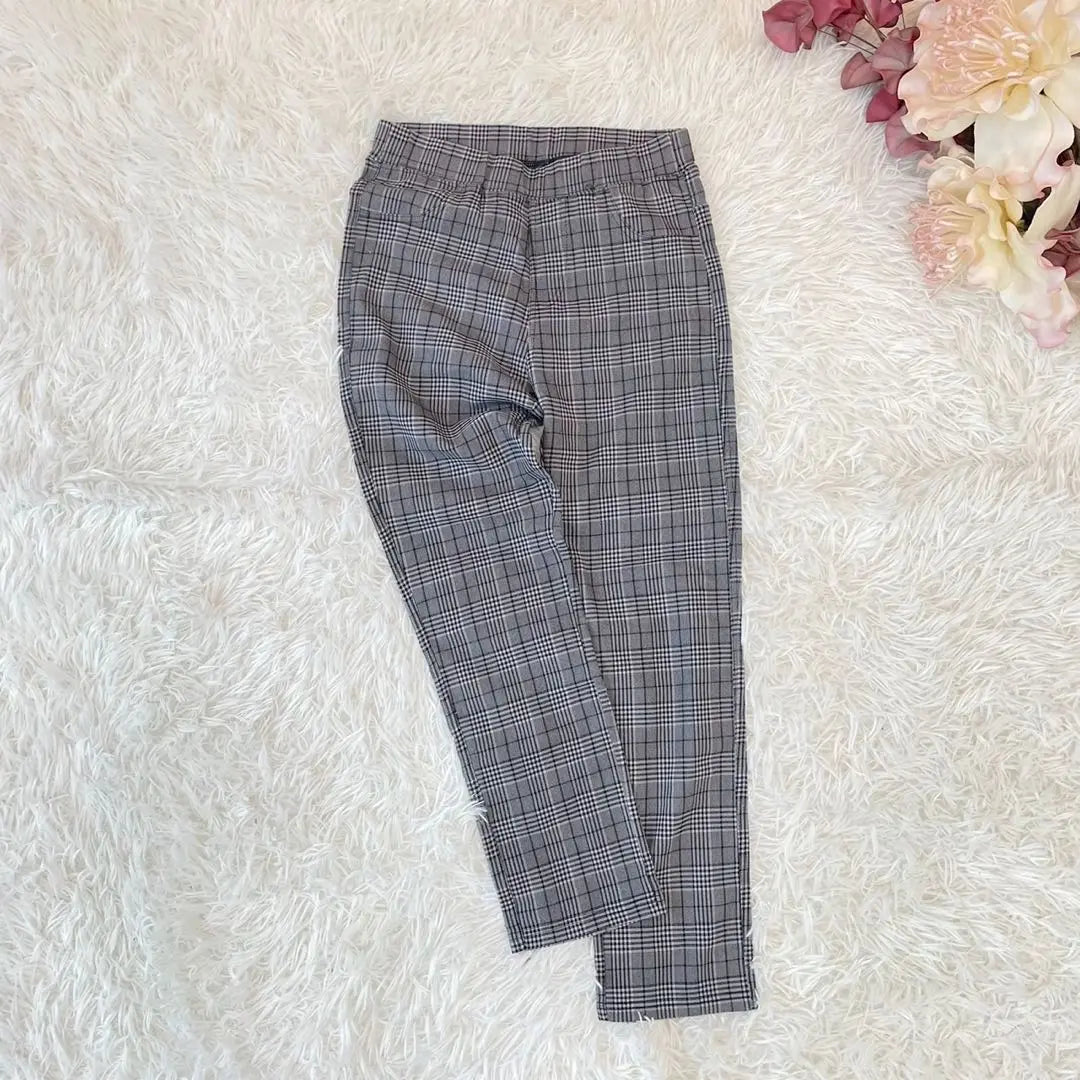 Glen check pattern casual pants (M) Stretchy elastic waist