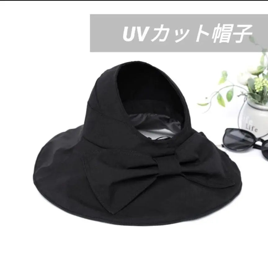 Sunshade UV Protection Hat for Women Black Ribbon Wide Brim Sun Hat Visor