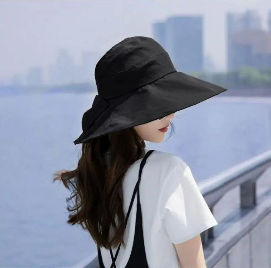 Sunshade UV Protection Hat for Women Black Ribbon Wide Brim Sun Hat Visor