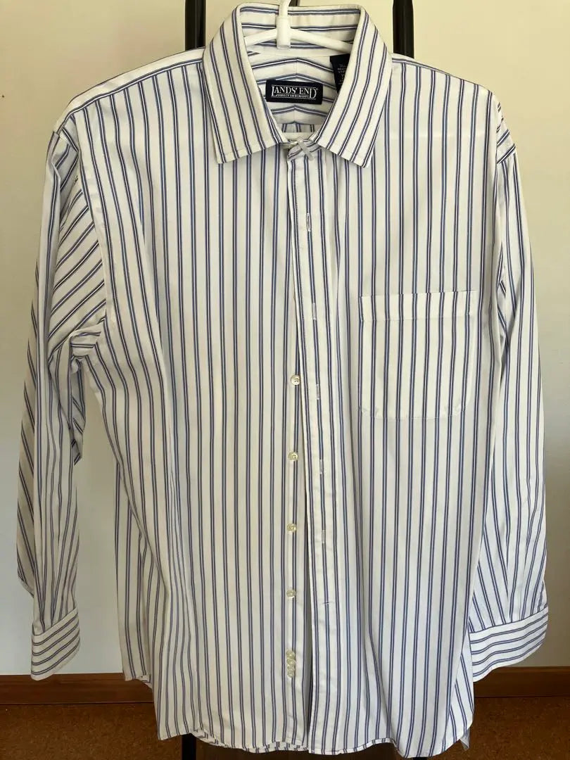 Lands' End Long Sleeve Shirt 15-32 White and Blue Stripes