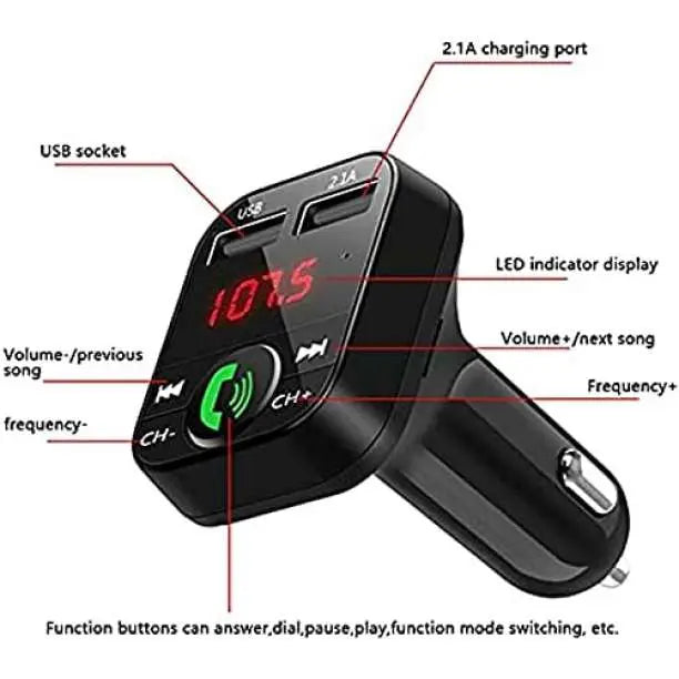 FM Transmitter Bluetooth Hands-Free Call with USB Charging Port