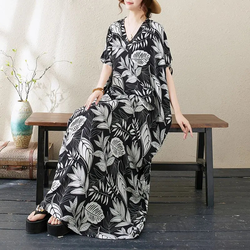 Monochrome, stylish, print, long dress, dolman sleeve