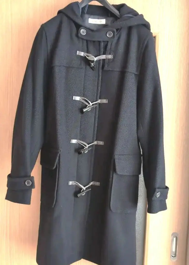 Black Duffle Coat with Hood Long Length