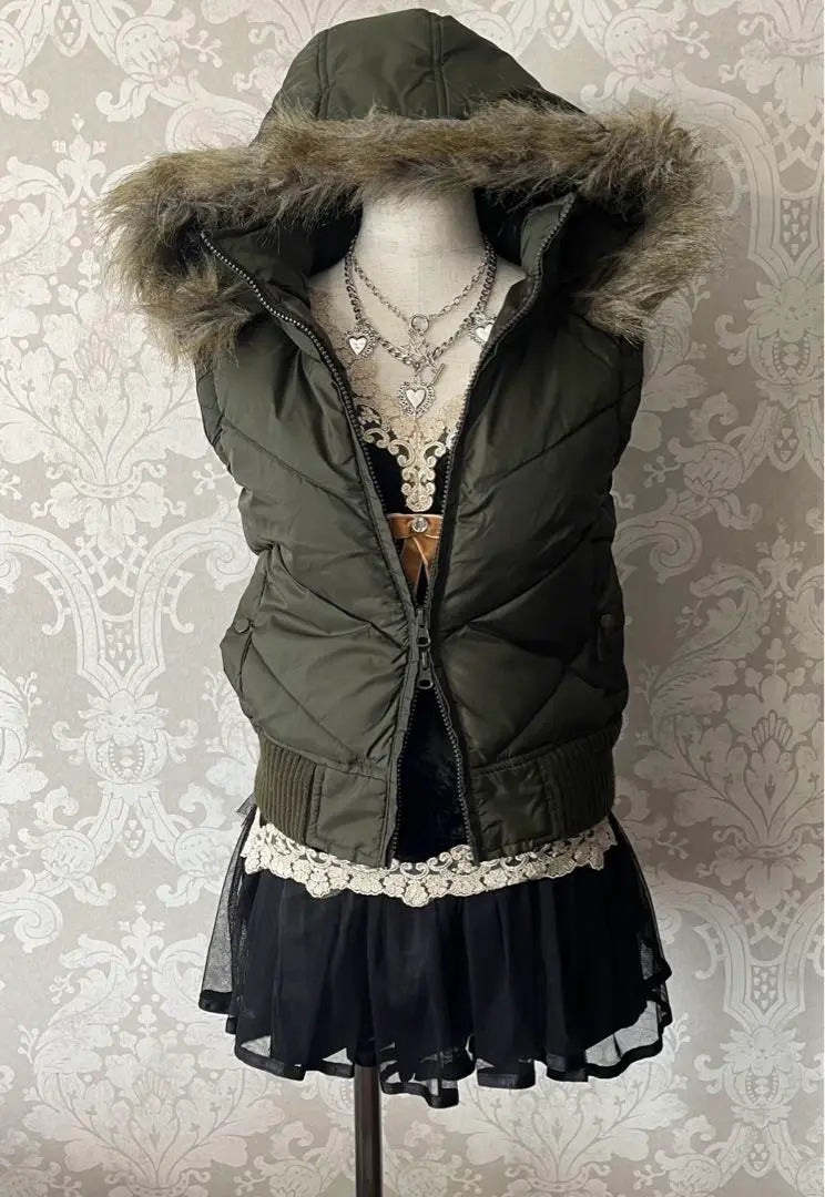 Heisei Gal Y2K McBring Mori Girl Fur Hood Down Vest