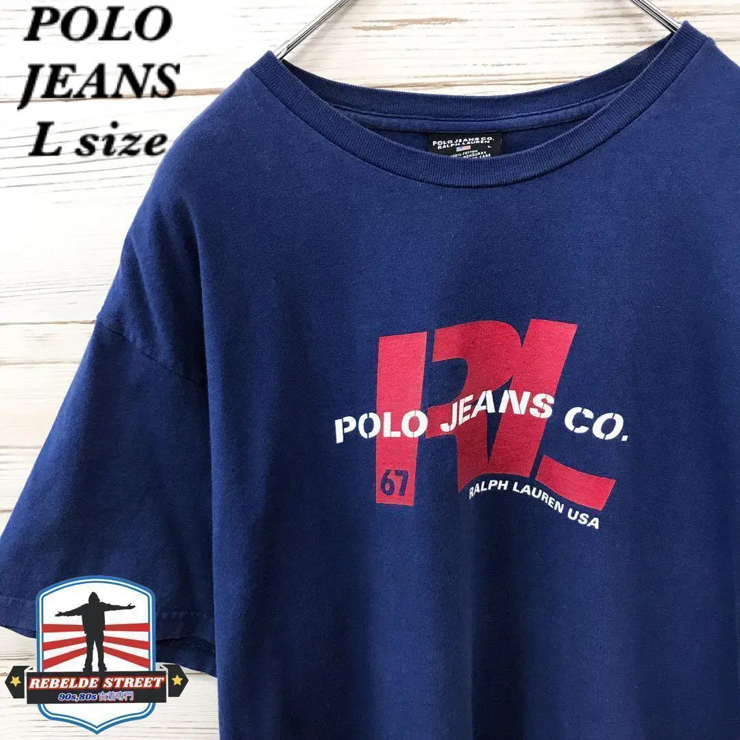 [Super Rare] Polo Jeans ☆ T-shirt L Big Logo Blue T130