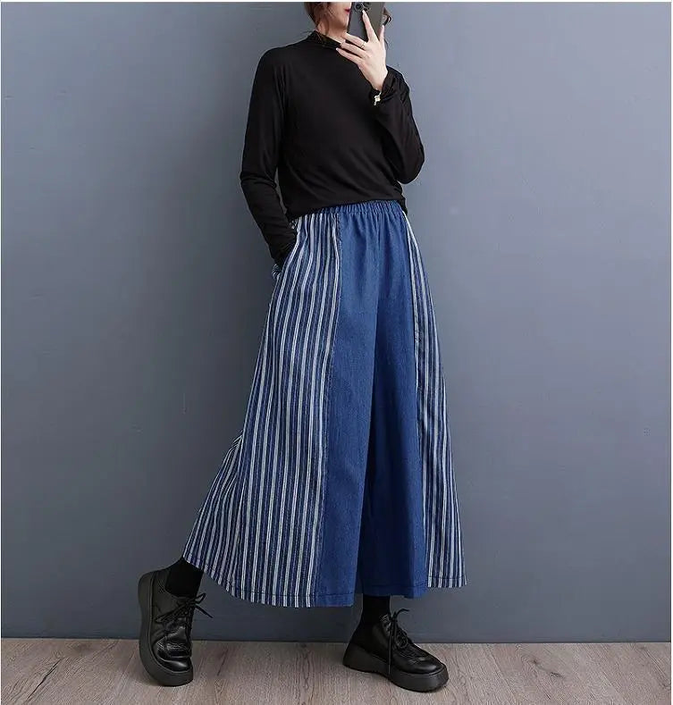 Large size ladies pants, blue striped wide pants, new