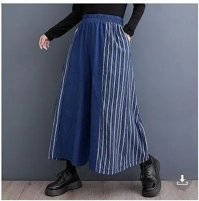 Large size ladies pants, blue striped wide pants, new