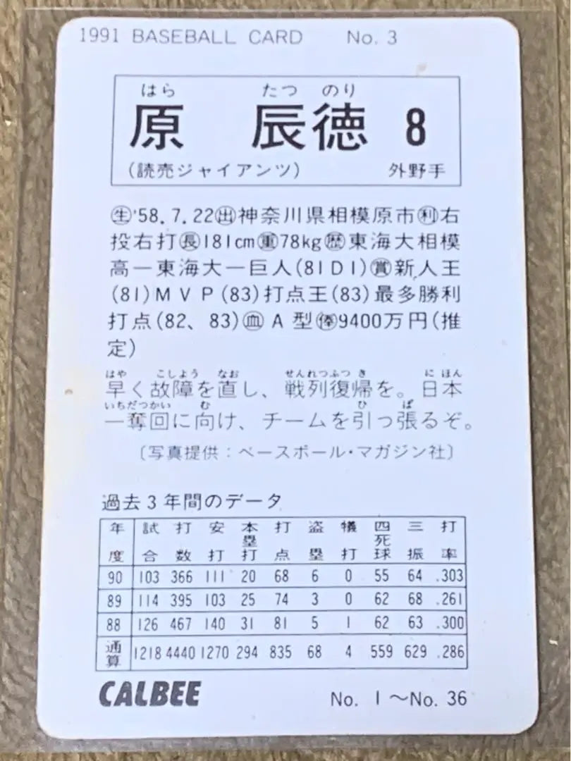 1991 TARJETA DE BÉISBOL No.3 Hara Tatsunori 8