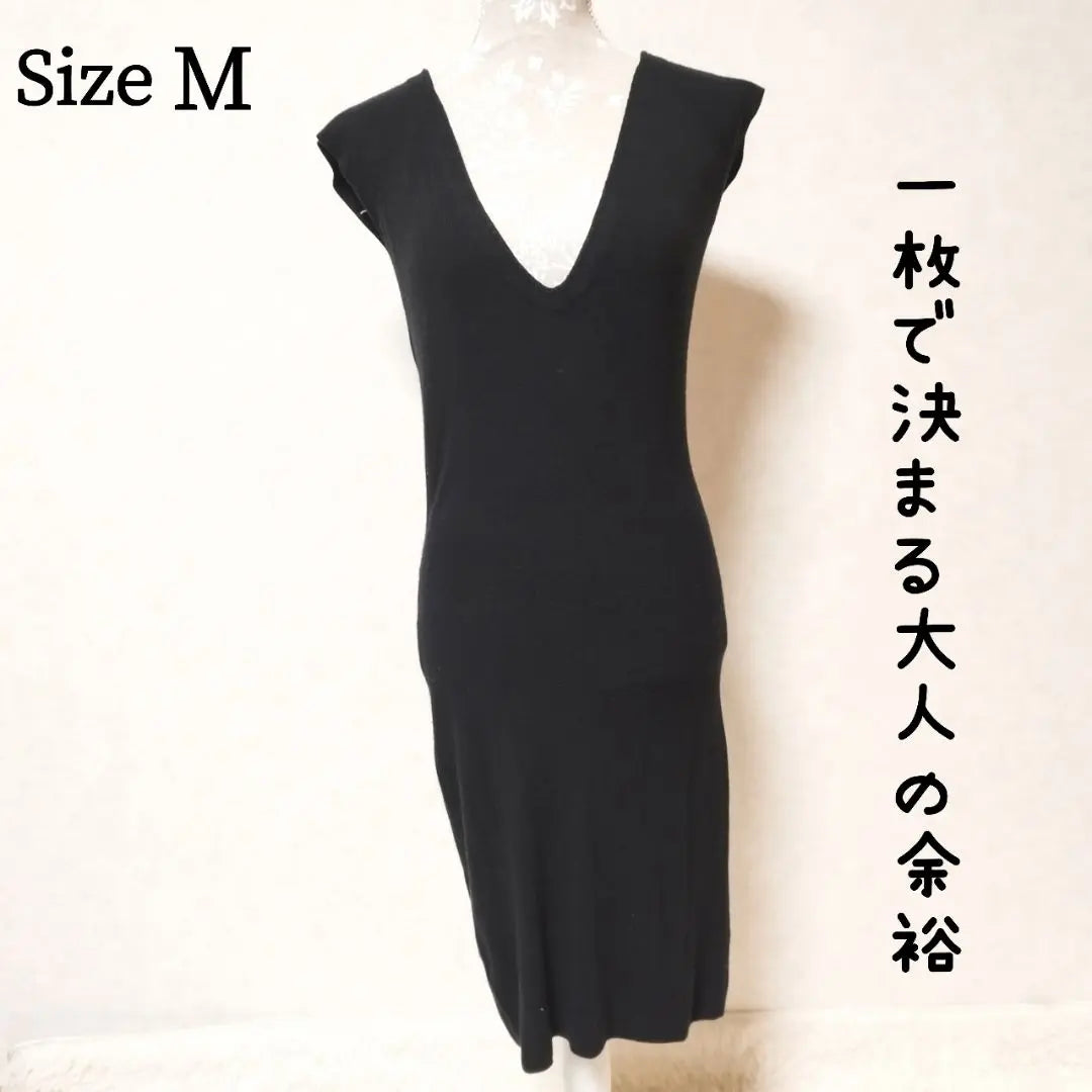 [Good condition] ZARA Stretch Knee-length V-neck Knit Dress M Black