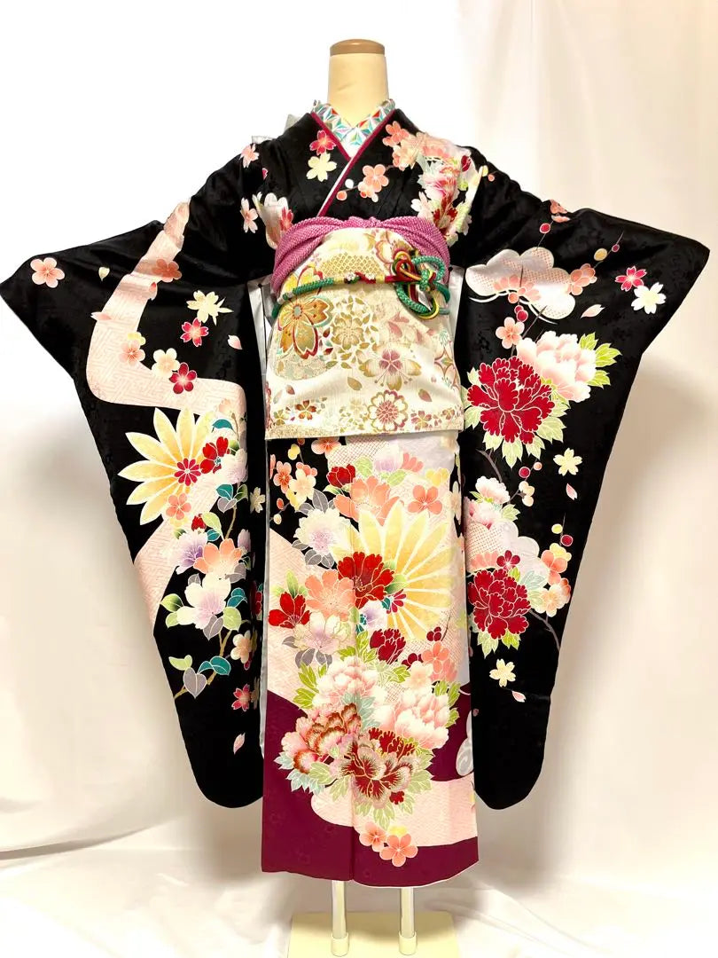 [Miori] Furisode, pure silk, full set of furisode, 7-piece set, black, retro, antique style