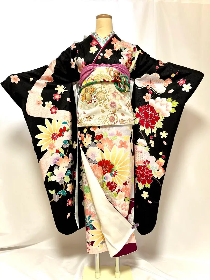 [Miori] Furisode, pure silk, full set of furisode, 7-piece set, black, retro, antique style