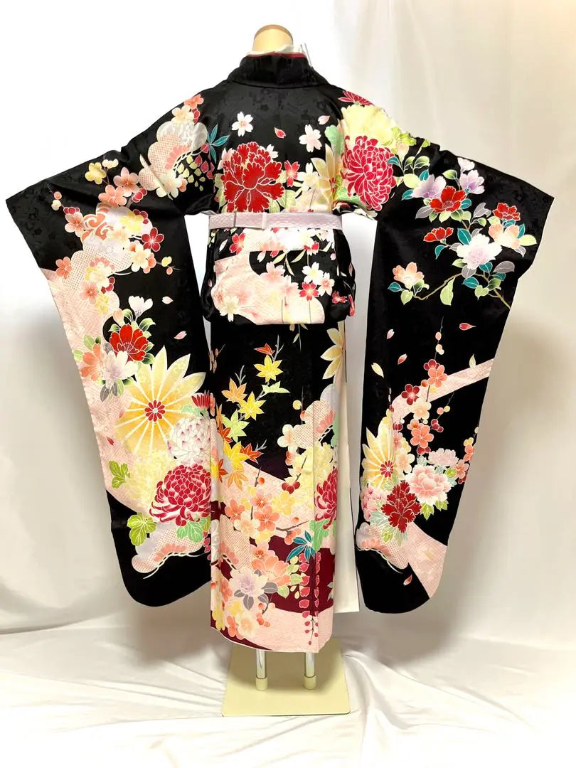 [Miori] Furisode, pure silk, full set of furisode, 7-piece set, black, retro, antique style